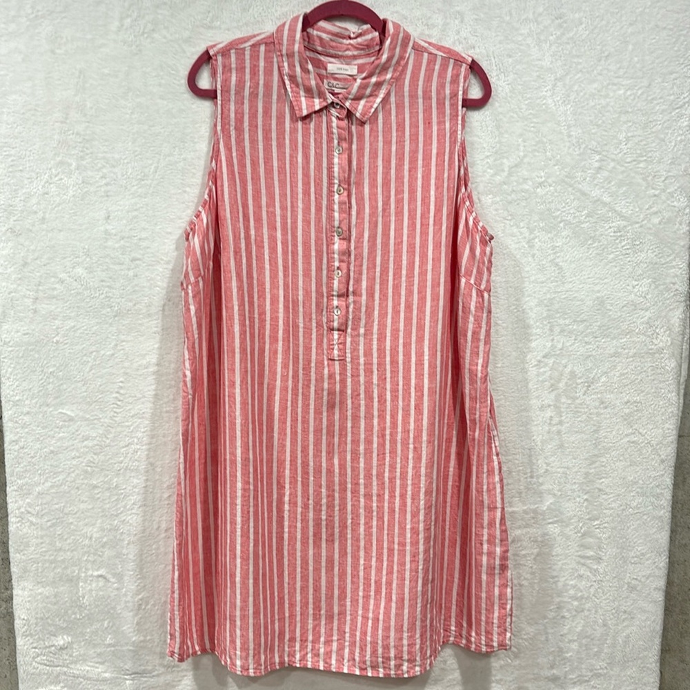 C&C Red Striped Linen Dress 2X Sleeveless Collared